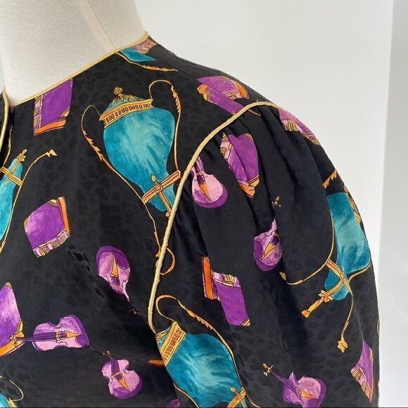 Vintage Ornate Printed Silk Cocktail Blouse Top Long Sleeve Novelty Women Size 2 - Picture 10 of 10